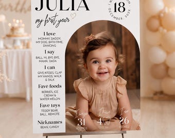 EDITABLE First Birthday Milestone Sign, Modern 1st Birthday Milestone Poster, One Year Photo Baby Milestone Board, Printable Template. M004