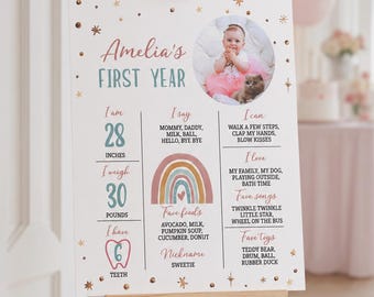 EDITABLE Sunshine Rainbow First Birthday Milestone Sign, Boho 1st Birthday Milestone Poster, Photo Birthday Board, Printable Template. R010