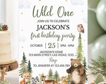 Invitación de primer cumpleaños con temática de bosque / Invitación de primer cumpleaños con temática de animales del bosque / Fiesta de cumpleaños con animales del bosque / Invitación imprimible editable