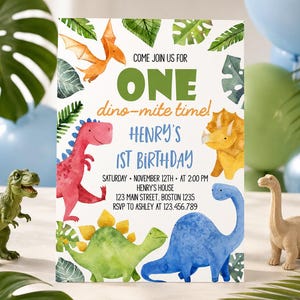 REDIGERBAR Dinosaurie första födelsedagsinbjudan, Dinosaurie 1-årsdagsinbjudan, Dinosaurieinbjudan, Dino-festinbjudan, direktnedladdning D006