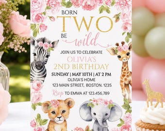 Two Wild Birthday Invitation, Safari 2nd Birthday Invite, Pink Girl Two Wild Birthday Invitation, Editable & Printable. A006