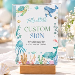EDITABLE Under The Sea Birthday Party Sign, Ocean 1st Birthday Custom Sign, Ocean Birthday Party Table Sign, Printable Template. O009 image 1