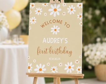 Retro Daisy Birthday Party Welcome Sign, Daisy Birthday Sign, Boho First Birthday Party Sign, Groovy Party, Printable Template. D012
