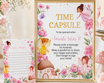 Letrero para cápsula del tiempo de cumpleaños de hadas, plantilla editable para cápsula del tiempo, tarjetas de mensajes de hadas, imprimible para fiesta de cumpleaños con temática de jardín encantado. F012