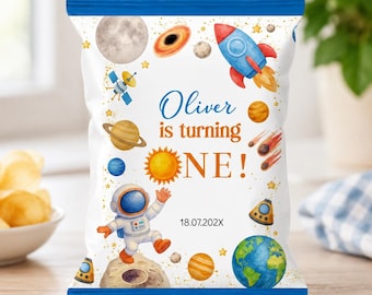Bolsa de patatas fritas con temática espacial editable para cumpleaños, bolsa de dulces para cumpleaños con temática del primer viaje alrededor del sol, recuerdo para fiesta de cumpleaños de niño, plantilla imprimible. O016