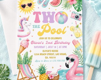 Editable Two The Pool Birthday Invitation | Tropical Summer Girl 2nd Birthday Invite | Pool Party Birthday Template | Instant Download.