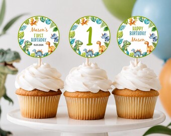 Editable Dinosaur Cupcake Toppers | Dino First Birthday Cake Toppers | Printable Boy Party Decorations | Kids Birthday Decor D015