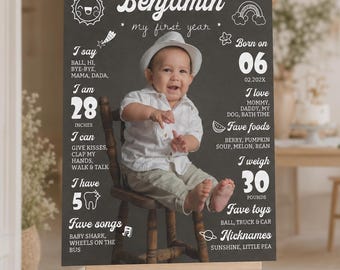 編集可能な1歳の誕生日記念サイン、1歳の誕生日写真記念ポスター、赤ちゃんの1年間のマイルストーンボード、印刷可能なテンプレート。MI02