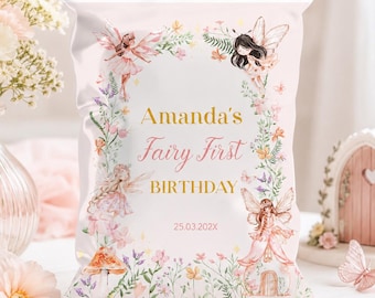 Fairy Birthday Chip Bags, Fairy First Birthday Chip Bag Template, Wildflower Fairy Chip Bag Editable Template, Instant Download. F023