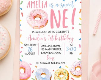 Invitación editable para el primer cumpleaños de Sweet One, invitación de cumpleaños con diseño de donut, invitación para fiesta de cumpleaños de niña, descarga instantánea. D010