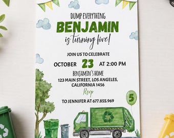 May include: A rectangular birthday invitation card featuring a green garbage truck illustration, watercolor clouds, and green bunting. The text reads: DUMP EVERYTHING BENJAMIN IS TURNING FIVE! JOIN US TO CELEBRATE OCTOBER 23 AT 2:00 PM BENJAMIN'S HOME.