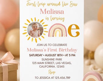 Editable First Trip Around The Sun Invitation, Boho Sun 1st Birthday Invite, Rainbow Sunshine 1st Birthday Invitation Template. R004