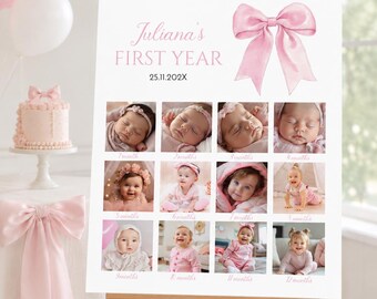 Colagem de fotos editável com laço rosa para o primeiro aniversário de menina (download digital)