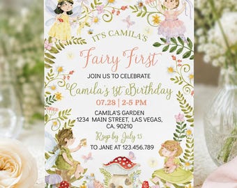 Fairy First Birthday Invitation, Enchanted Garden Birthday Invitation, Floral Boho Birthday Invite, Girl 1st Birthday Party, Printable. F024