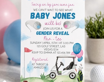 EDITABLE Golf Gender Reveal Invitation, Golf Ball Gender Reveal Theme Party Invite, Putters Or Pearls, Pink Or Blue, Digital Template. G001