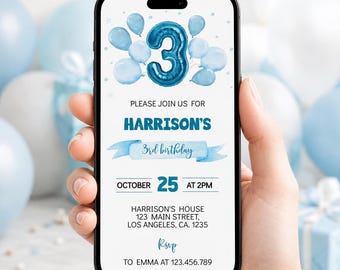 EDITABLE Boy 3rd Birthday Invitation, Blue Balloons Birthday Party Evite, Modern Mobile Invitation, Printable Digital Template. B004
