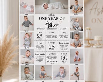 編集可能な1歳の誕生日記念サイン、モダンな1歳の誕生日記念ポスター、1歳の赤ちゃんの写真入り記念ボード、印刷可能なテンプレート。M004