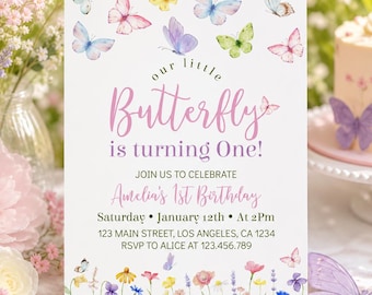 Einladung zum 1. Geburtstag mit kleinem Schmetterling, bearbeitbare Schmetterlings-Geburtstagseinladung, Einladung zur Wildblumen-Gartenparty, druckbare Geburtstagseinladung für Mädchen.
