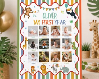 Editable Party Animals Photo Collage | First Birthday My First Year Poster | 12 Month Baby Photo Board | Instant Download | P020