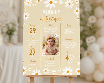 Puede incluir: Un cartel rectangular de hitos con fondo crema y borde de margaritas blancas. Presenta el texto Audrey my first year, una foto central de un bebé y secciones que detallan el peso, la altura, las comidas favoritas, canciones y palabras.