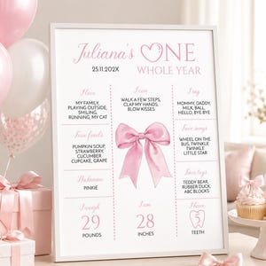 May include: A framed pink and white milestone poster for a one-year-old named Juliana. The poster includes the text "ONE WHOLE YEAR" and lists favorite foods, songs, and toys. It also states the child weighs 29 pounds and is 28 inches tall.