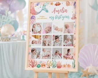 Editable Mermaid First Year Photo Collage, Mermaid 1st Birthday Milestone Poster, Under The Sea Birthday Sign, Instant Download. M006