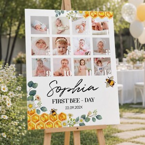 May include: A white rectangular birthday sign featuring a grid of twelve baby photographs, decorated with watercolor honeycomb and daisy illustrations. The text reads Sophia, FIRST BEE - DAY, and the date 22.09.202X, displayed on a wooden easel.
