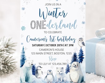 Winter Onederland Invitation, Woodland Arctic Animals Birthday Invitation, Christmas Winter Wonderland Party Invite, Instant Download. W016