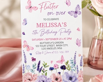 Butterfly Birthday Invitation, Pink Purple Butterfly Birthday Invite, Little Butterfly Invitation For Girl, Any Age, Printable Template.