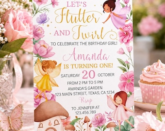 Fairy First Birthday Invitation | Editable Fairy 1st Birthday Invite | Floral Garden Party Invitation | Printable Birthday Template