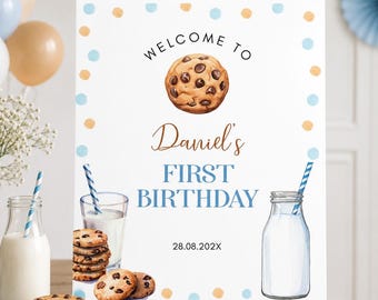 Bearbeitbares Willkommensschild „Milch und Kekse“ zum ersten Geburtstag, Deko für den 1. Geburtstag eines Jungen, Schild für die erste Geburtstagsparty „Ein süßer Keks“, zum Ausdrucken. C010