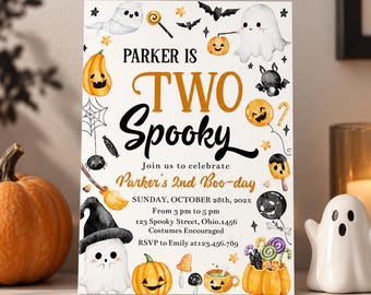 May include: A rectangular white invitation card featuring Halloween-themed illustrations including ghosts, pumpkins, bats, and sweets. The text reads: Parker is Two Spooky, Join us to celebrate Parker's 2nd Boo-day, Sunday, October 28th, 202x, 3 pm to 5 pm.