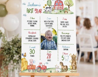 編集可能な農場パーティー動物バースデーマイルストーンボード、1歳の誕生日マイルストーンフォトポスター、農場バースデーマイルストーンサイン、印刷可能。F022