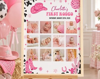 Disco Cowgirl Photo Collage, 12 Month Photo Print, First Birthday Photo Frame, Rodeo First Year Poster, Printable. C012