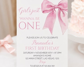 Inbjudan till "Flickor vill bara vara en", Coquette rosa rosett för första födelsedag, Preppy rosa tjej för första födelsedagsfest, utskrivbar mall. P017