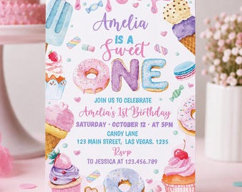 Invitación editable de cumpleaños para niña, invitación de primer cumpleaños con diseño de donut, invitación para fiesta de cumpleaños de niña, descarga instantánea. S023