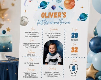 First Trip Around the Sun Milestone Poster, Outer Space Birthday Sign, Printable Astronaut Boy Stats Board, Galaxy Party Decor