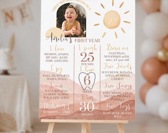 EDITABLE First Trip Around The Sun Milestone Board, Sunshine 1st Birthday Sign, Boho Sun Birthday Milestone Poster, Printable Template. S005