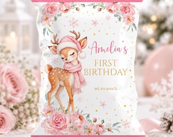 Editable Winter Onederland Chip Bag | Deer First Birthday Favor Bag | Pink Floral Treat Bag Template | Instant Download | D022