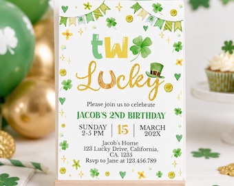 EDITABLE Lucky Two Birthday Invitation, Boy 2nd Birthday Invite, Patrick's Day Birthday, Printable Birthday Template. L008