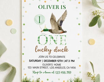 EDITABLE One Lucky Duck Birthday Invitation, Mallard Duck Birthday Invitation, Green Duck 1st Birthday Card, Printable Template. L007