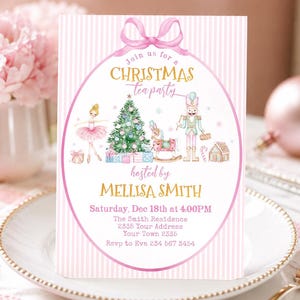May include: A rectangular Christmas tea party invitation card with a pink and white striped background. It features a pink bow at the top, a ballerina, a Christmas tree, a rocking horse, and a nutcracker. Text includes Join us for a CHRISTMAS tea party hosted by MELLISA SMITH, Saturday, Dec 18th at 4:00PM, The Smith Residence, 2335 Your Address, Your Town 2335, Rsvp to Eva 234 567 3454.
