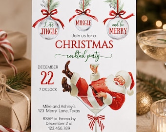 Santa Martini kerstuitnodiging | Uitnodiging voor een cocktailparty | Digitale kerstsjabloon voor volwassenen. HC05