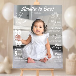 May include: A milestone birthday sign featuring a photograph of a baby in a white dress. The text reads Amelia is One! 02.08.2024, I say, I am 28 inches, I weigh 30 pounds, I have 5 teeth, Nicknames, I love, I can, Fave foods, Fave toys, and Fave songs.