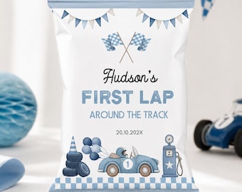 Sachets à chips personnalisables pour anniversaire sur le thème des voitures de course, sachets cadeaux pour fête sur le thème des voitures de course, décoration pour fête Fast One, modèle à imprimer, téléchargement instantané. R016