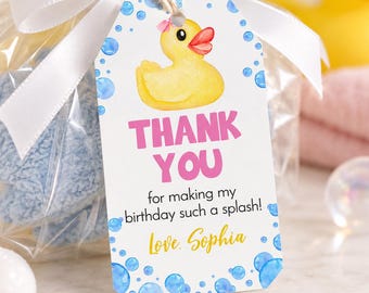 EDITABLE Rubber Duck Favor Tags, Yellow Duck Birthday Thank You Tag, Girl 1st Birthday Party Decoration, Printable. D008
