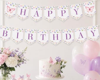Butterfly Birthday Banner | Happy Birthday Bunting | Floral Garden Party Decor | Editable Printable Party Banner | Instant Download