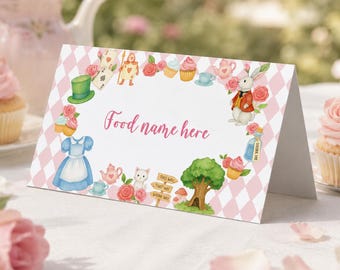 Alice in Wonderland Food Labels, Onederland 1st Birthday Food Tent Cards, Tea Party Food Tags, Editable & Printable Template. A013