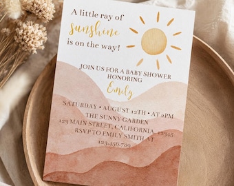 Może przedstawiać: Prostokątne zaproszenie na baby shower z akwarelową grafiką słońca i tekstem A little ray of sunshine is on the way! JOIN US FOR A BABY SHOWER HONORING Emily SATURDAY AUGUST 12TH AT 2PM THE SUNNY GARDEN 123 MAIN STREET CALIFORNIA 12345.