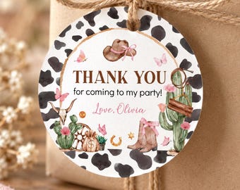 EDITABLE Cowgirl Birthday Thank You Tag, My First Rodeo Birthday Favor Label, Western Birthday Party Decor, Printable Template. C011